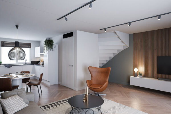 Interieurimpressie woonkamer met keuken, nieuwbouw Weidepark Heerhugowaard